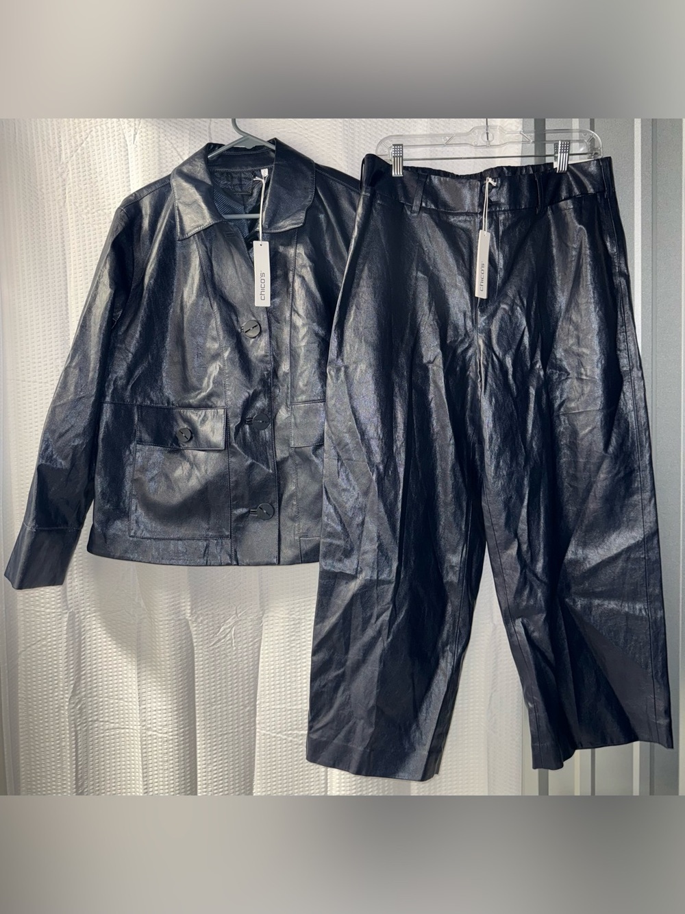 NWT Chico's faux leather jacket and wide leg trousers with glossy finish size 2